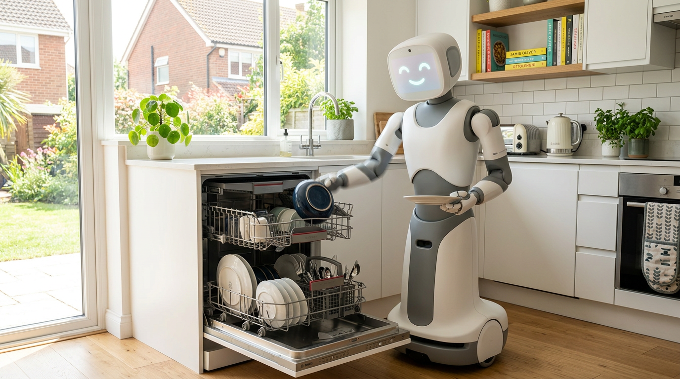 Humanoid AI home robot loading a dishwasher in a bright modern UK kitchen
