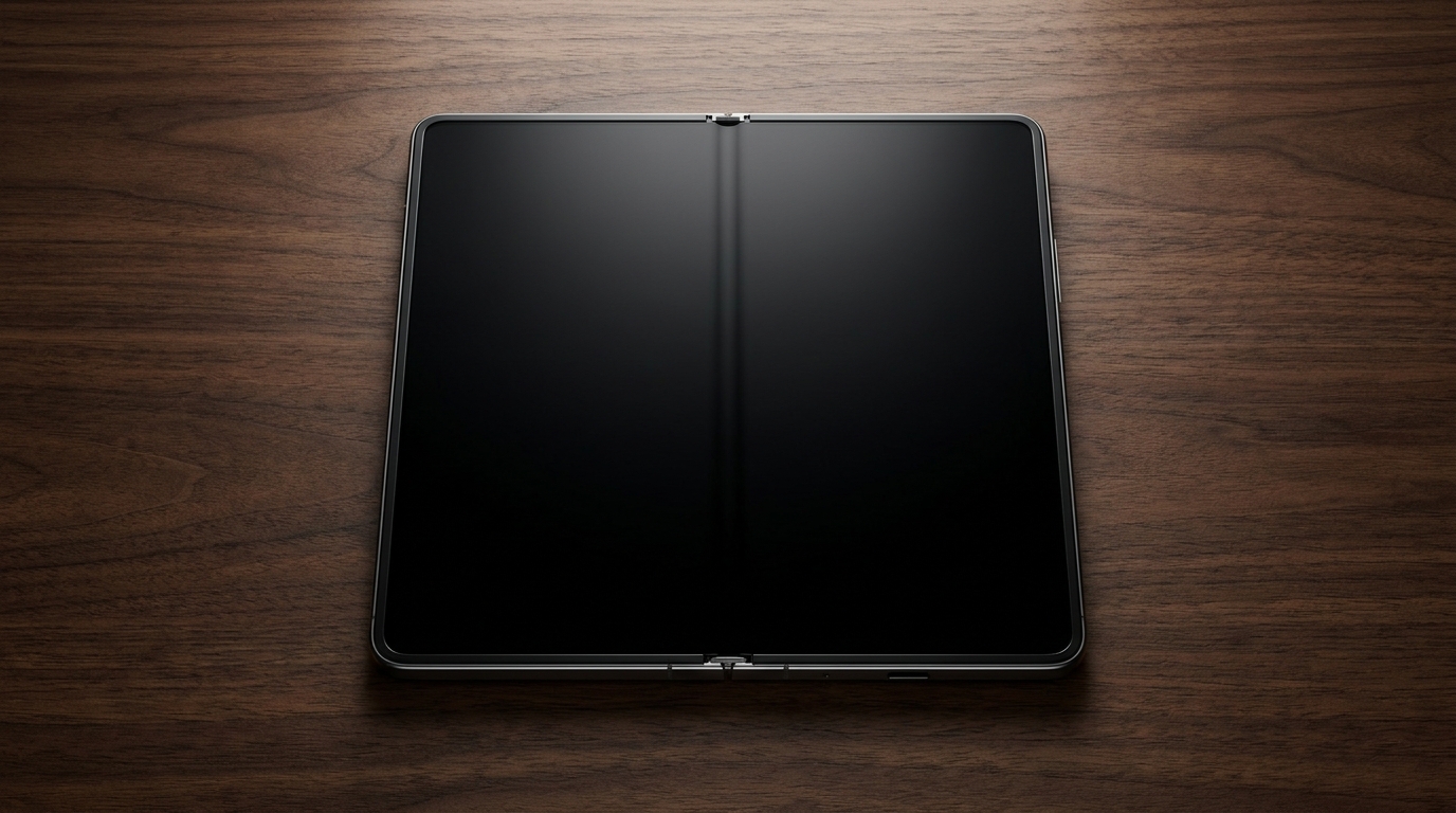 Wide-format folding smartphone fully open on a dark wood desk, screen powered off, slim metal hinge visible