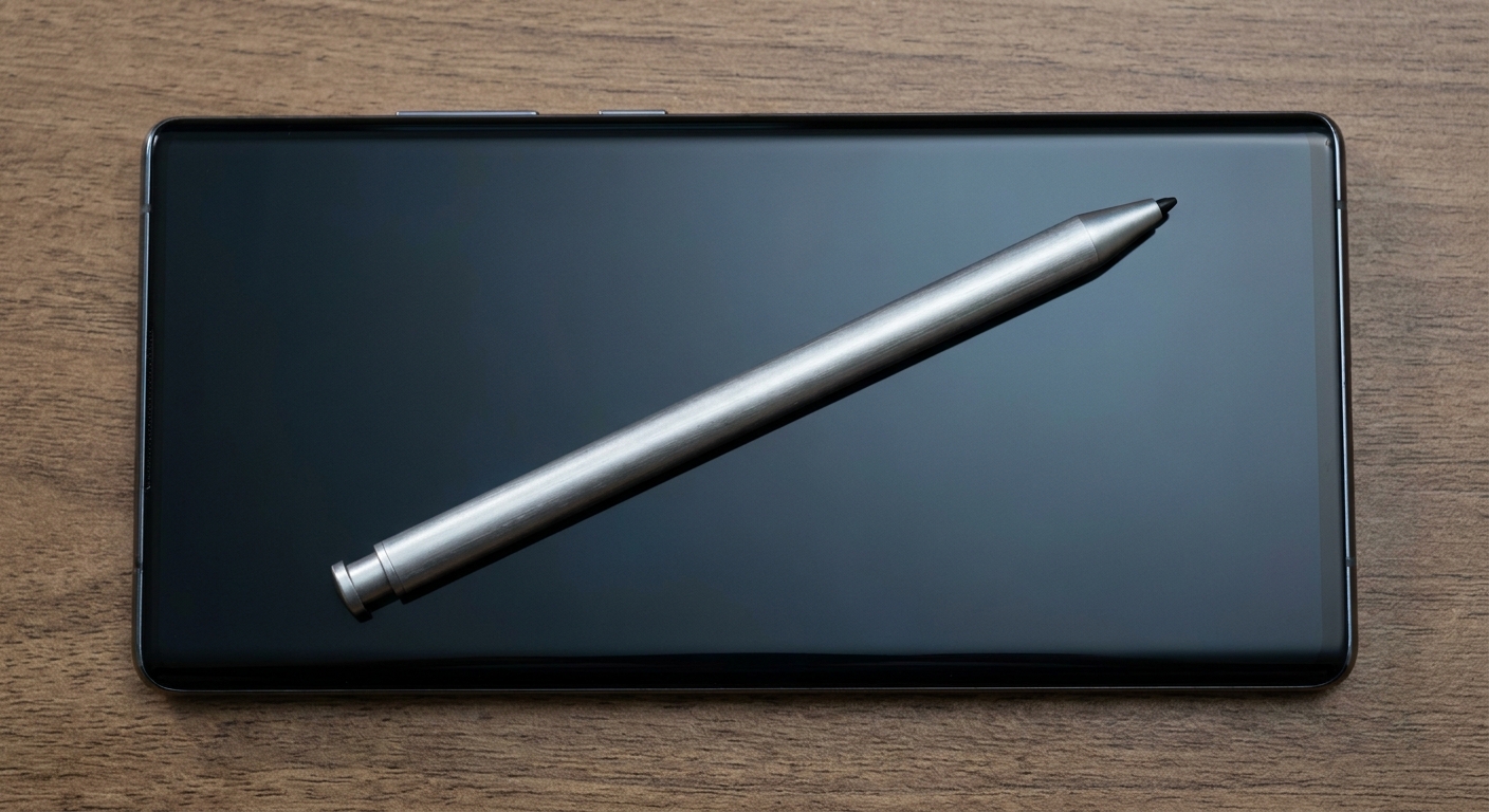 Stylus pen resting on the wide inner OLED display of the Huawei Pura X Max
