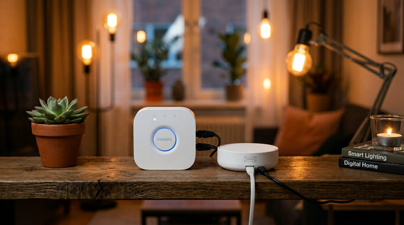 Philips Hue Bridge and IKEA Dirigera hub side by side on a white desk with status lights glowing