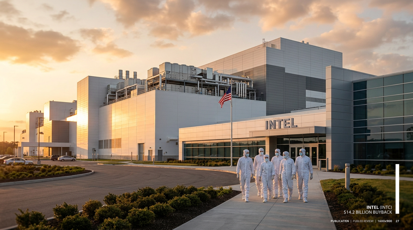 Intel semiconductor fabrication plant exterior at golden hour with cleanroom-suited engineers walking toward the entrance