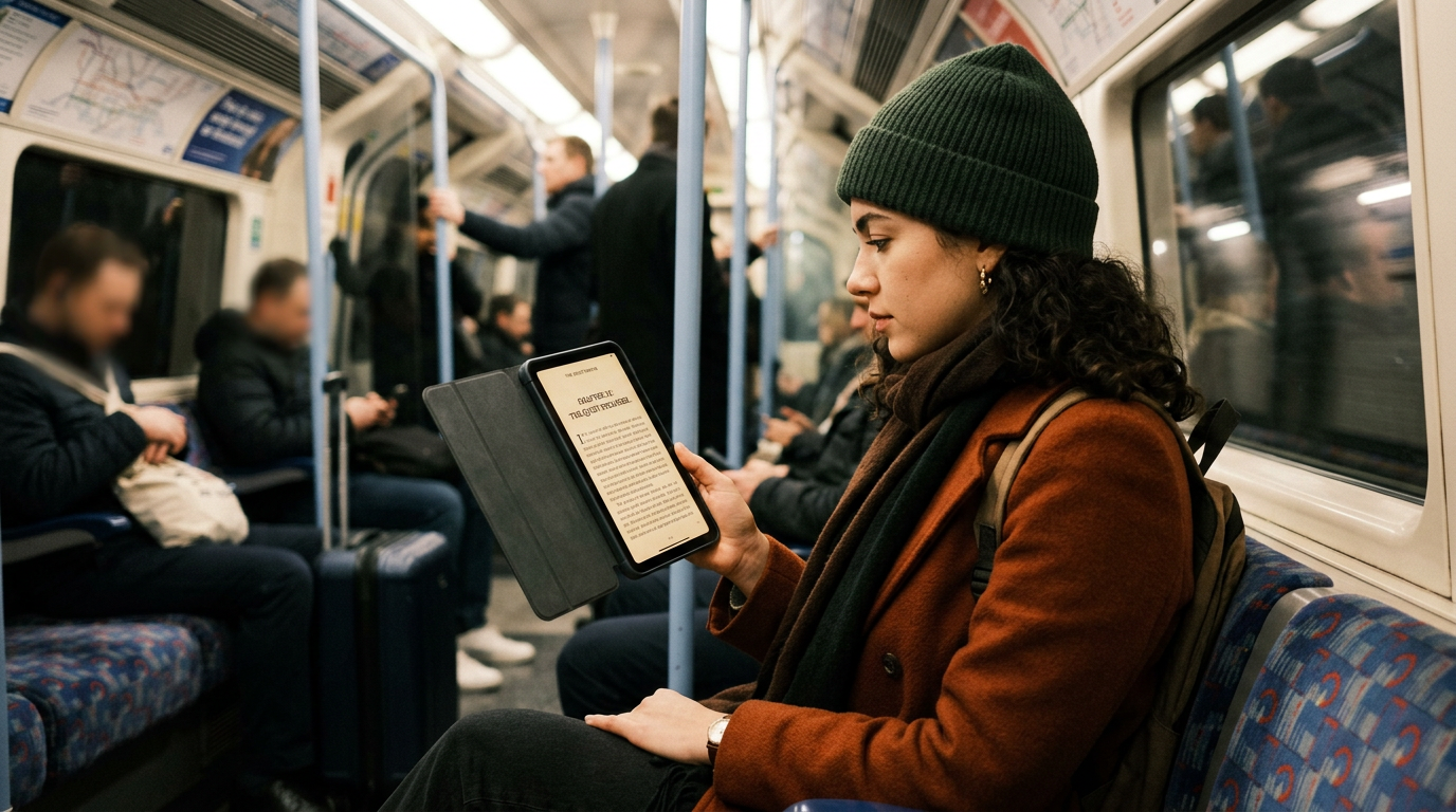 Commuter in a green beanie reading a digital book on an iPad mini one-handed on a London Underground tube carriage