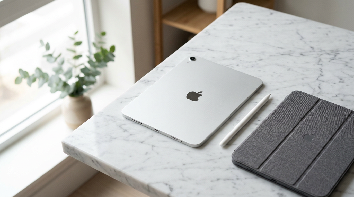 Silver iPad on a marble desk next to an Apple Pencil and a grey Smart Folio keyboard case