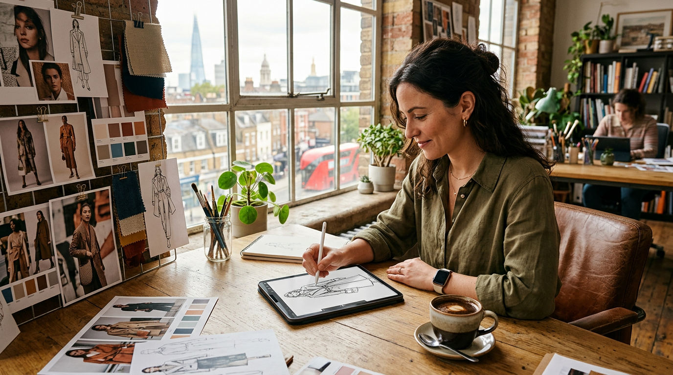 Designer sketching with an Apple Pencil on an iPad Pro at a sunlit desk in a London studio with reference photos and coffee