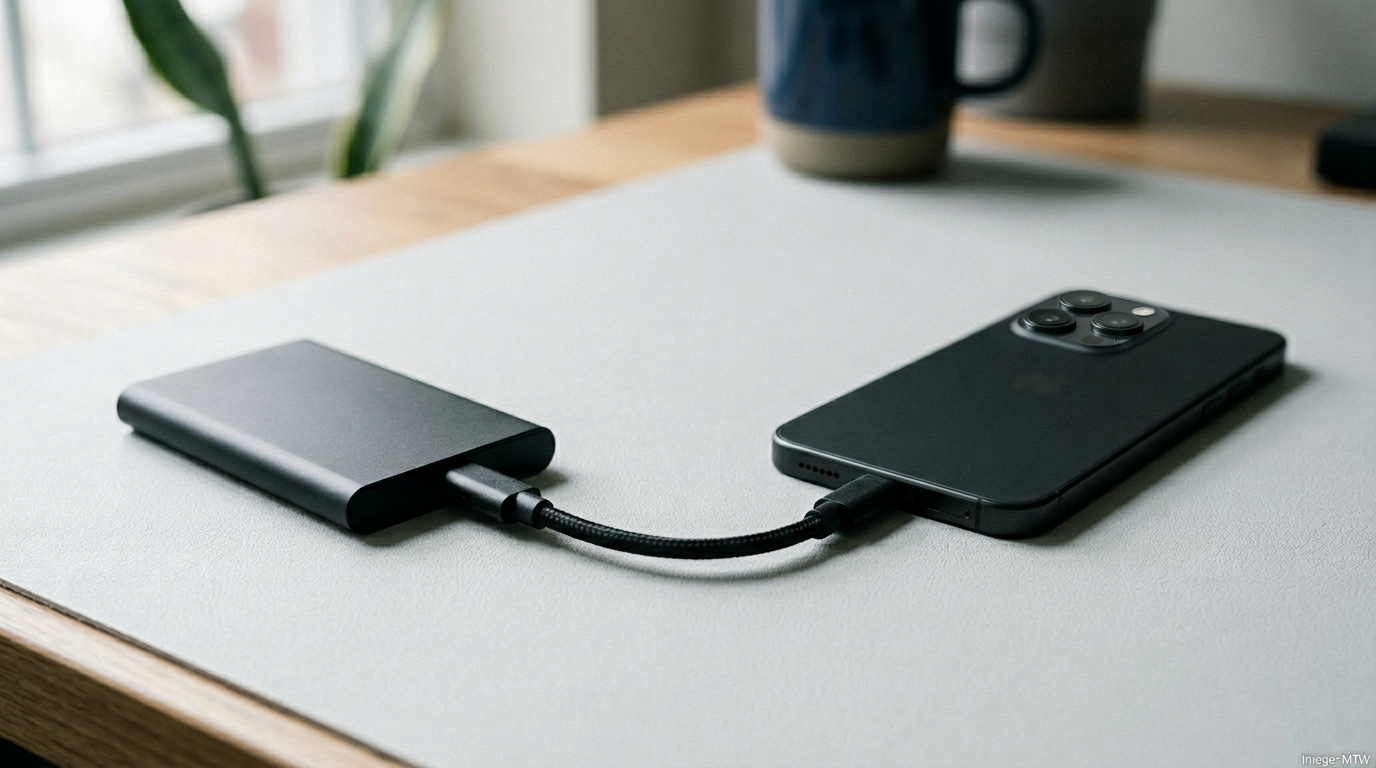 iPhone connected to an external SSD for backup