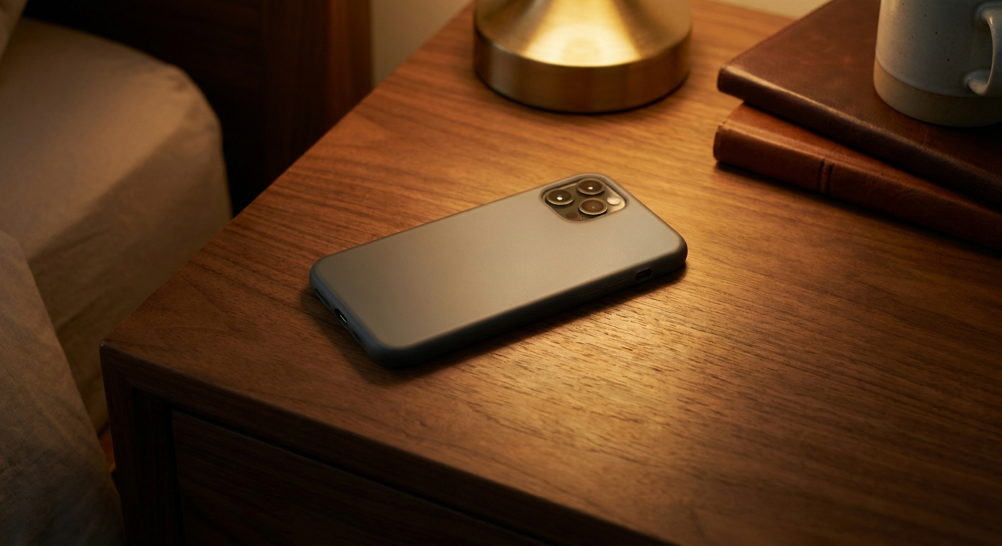 iPhone face down on a wooden bedside table at night