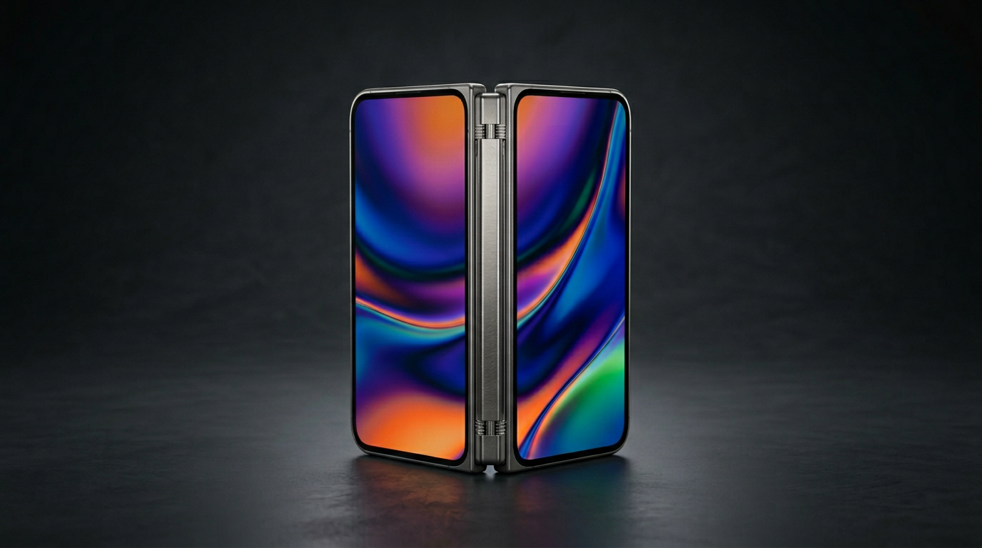 iPhone Fold concept partially open in book style on a dark studio background