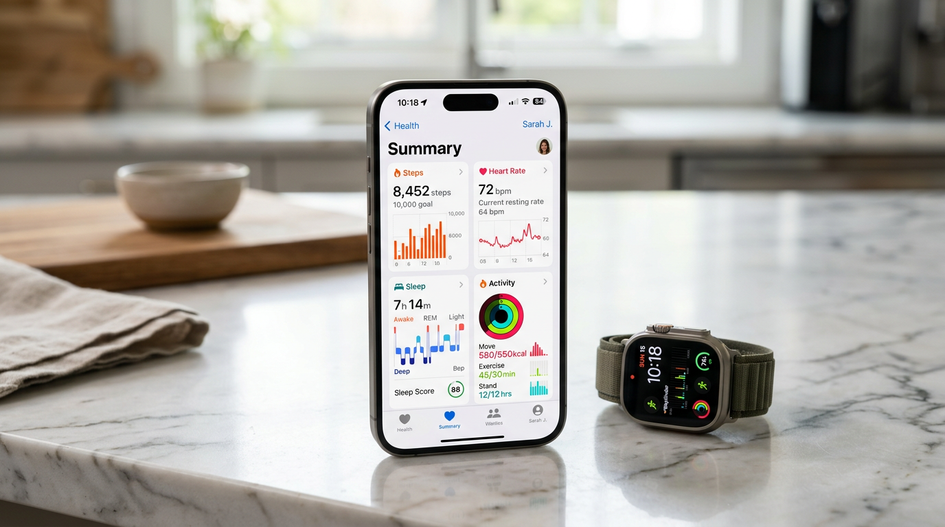 iPhone Health app showing a detailed health dashboard with charts for steps, heart rate, sleep and activity on a marble countertop next to an Apple Watch