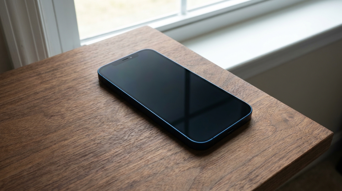 Premium iPhone-style smartphone in deep blue finish lying face up on a walnut wooden desk, screen powered off