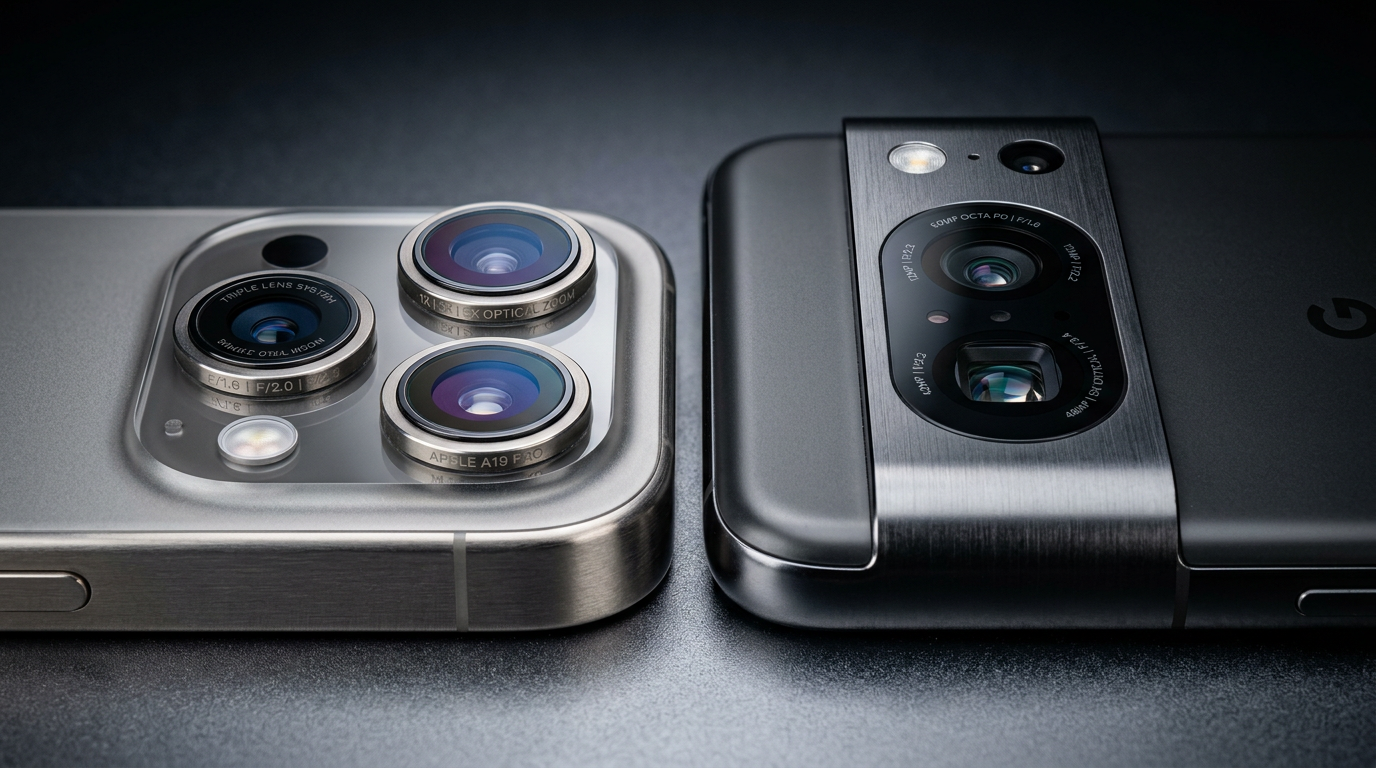 Macro close-up of the iPhone 17 Pro and Pixel 10 Pro camera modules side by side showing lens detail and metallic finish