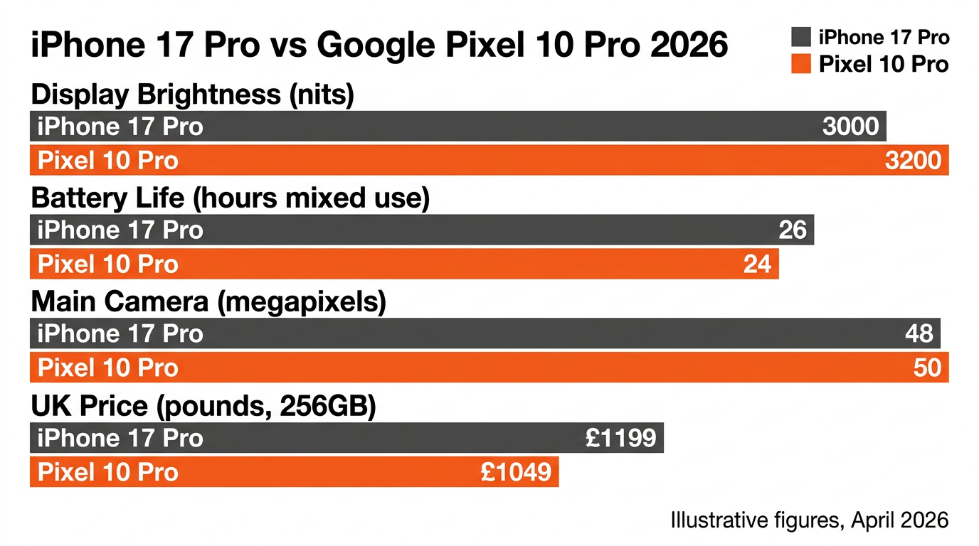 Infographic chart comparing iPhone 17 Pro and Pixel 10 Pro on display brightness, battery life, camera megapixels and UK price