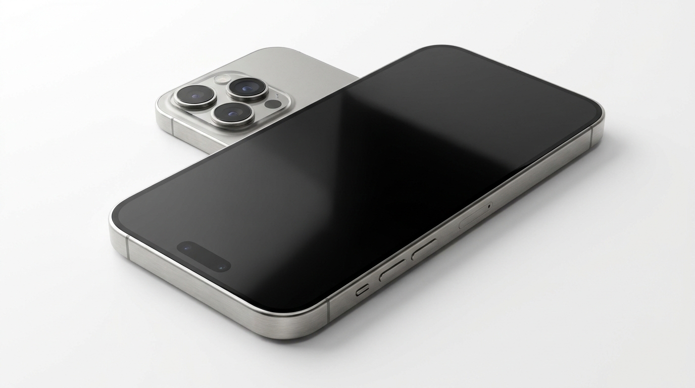 Premium iPhone-style smartphone in titanium silver finish on a clean white surface, screen powered off