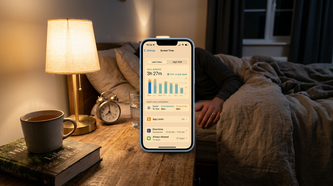 iPhone on a bedside table showing the Screen Time digital wellness dashboard with usage charts at night