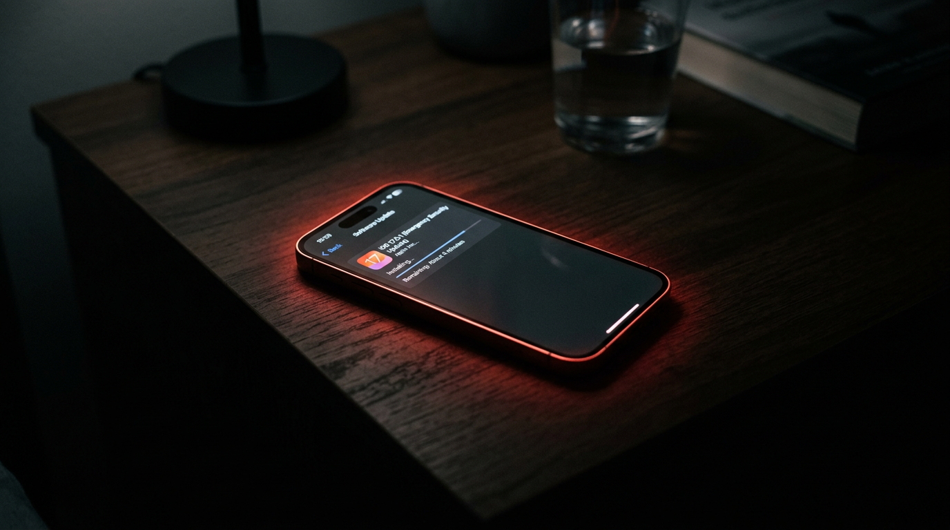 iPhone displaying the iOS 18 critical security update install screen on a wooden desk