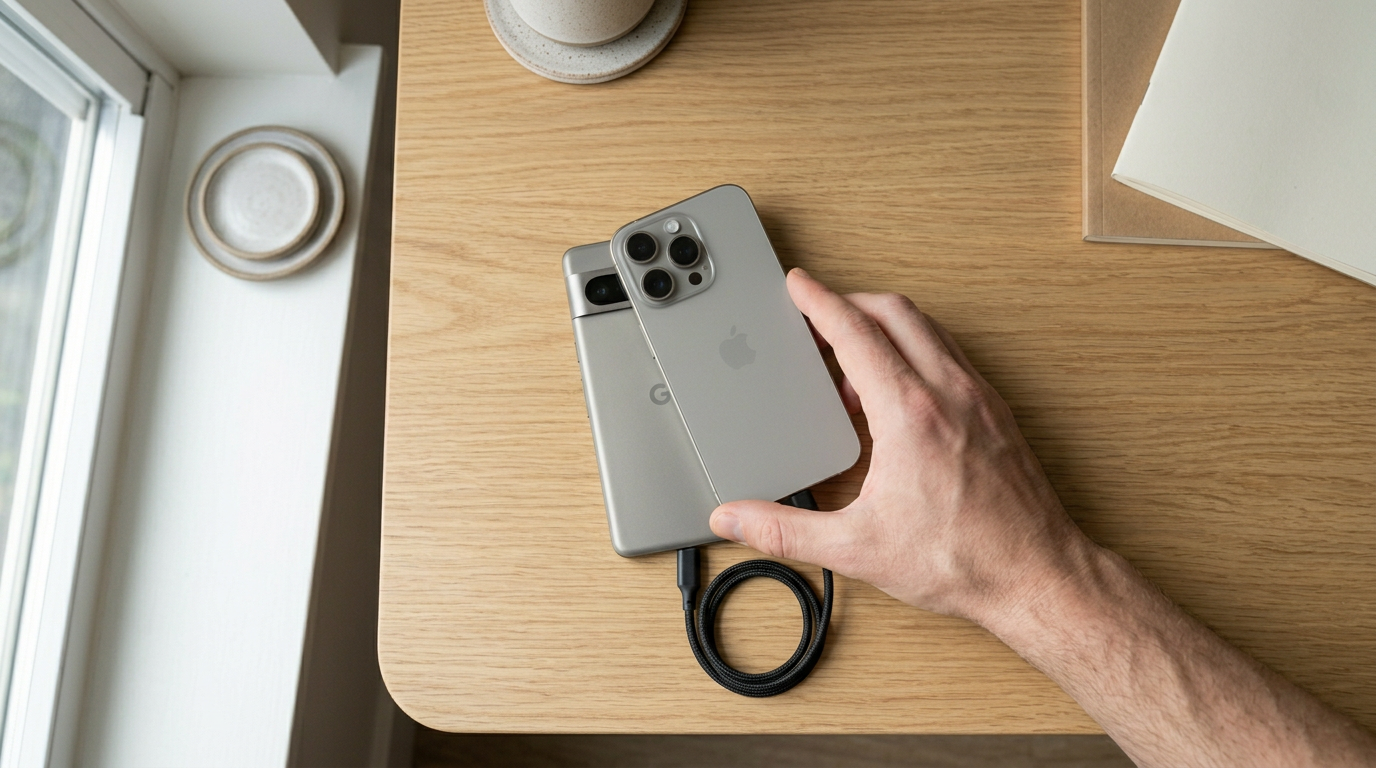 iPhone placed face-down on an Android phone connected via USB-C cable for migration