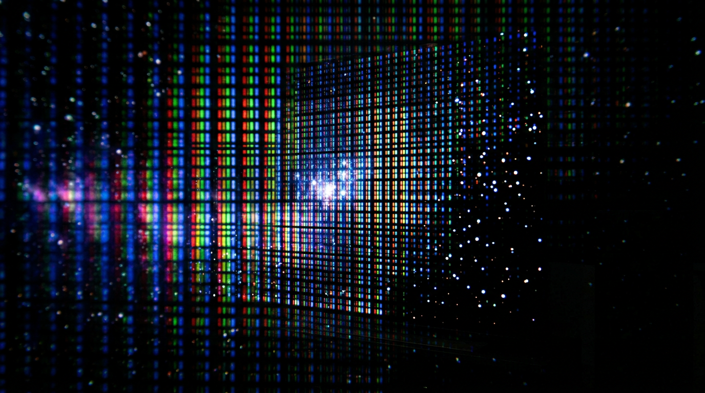 Macro close-up of a 65 inch OLED television panel showing perfect deep blacks and vibrant individual pixels in a dim home cinema room