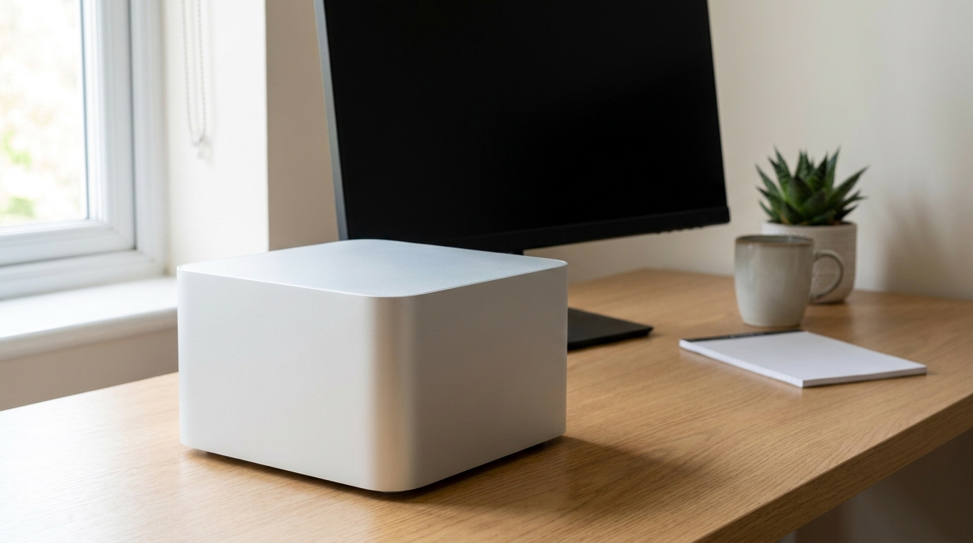Compact silver mini desktop computer beside a thin black monitor on a tidy UK home office wooden desk