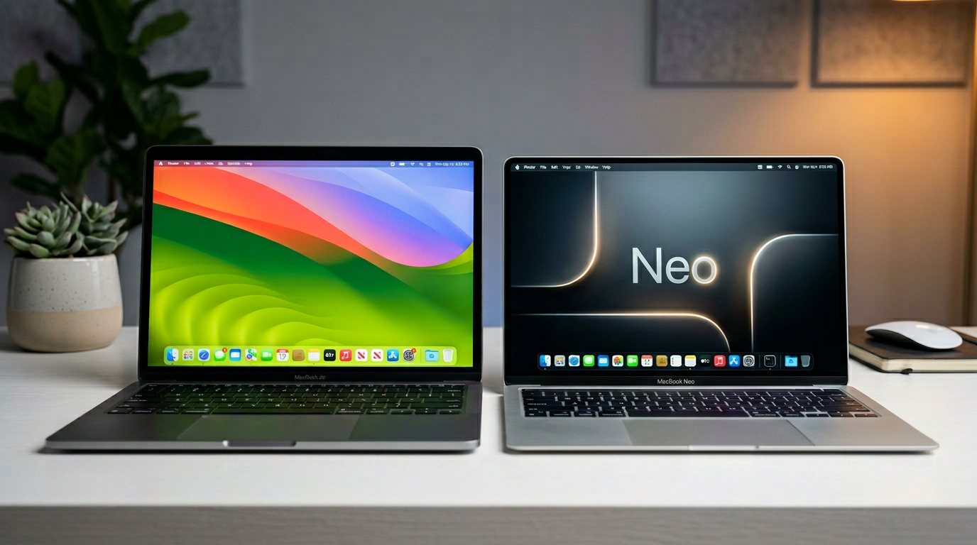 MacBook Air and MacBook Neo laptops open side by side on a slate desk in dramatic studio lighting