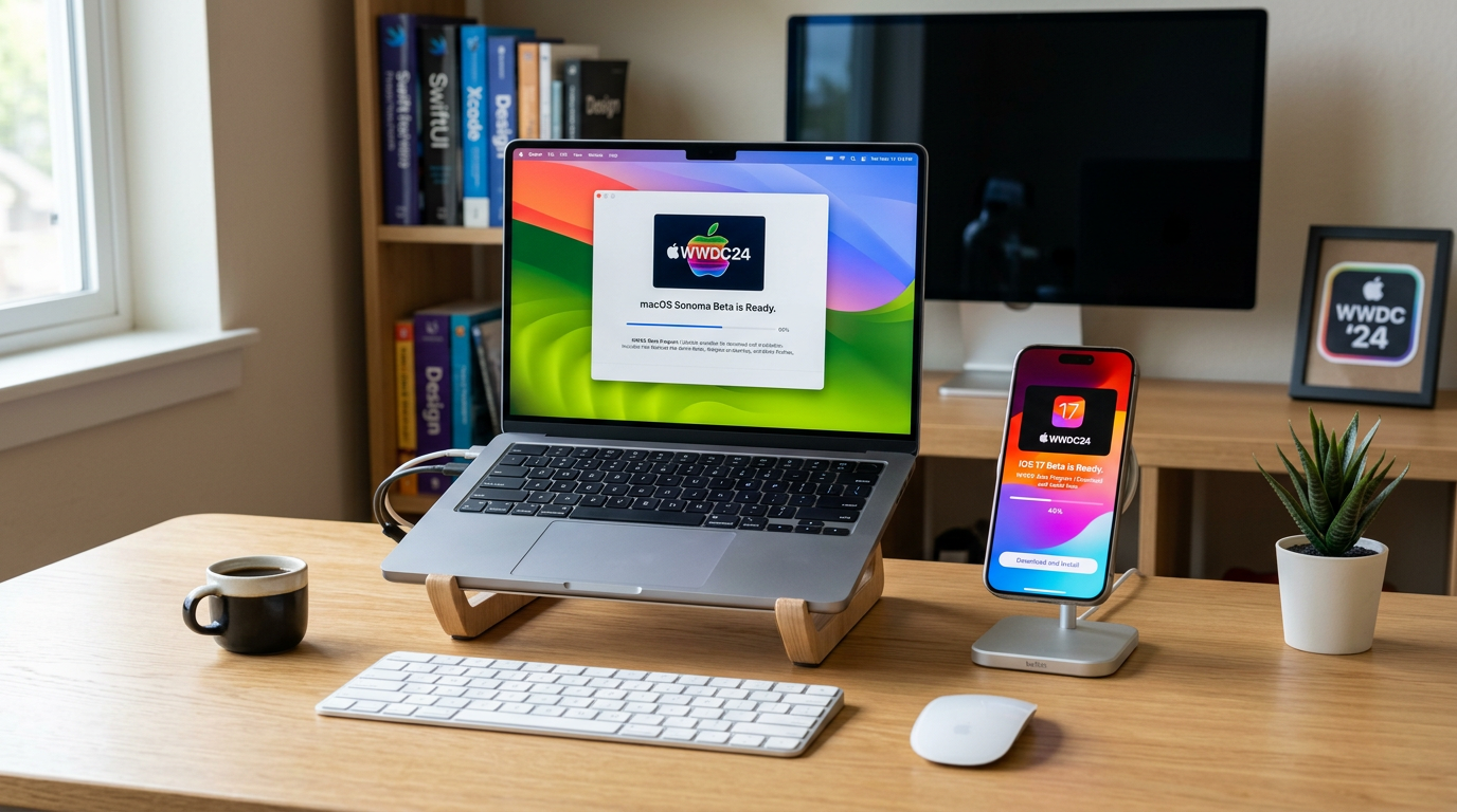 MacBook Pro on a stand and iPhone on a wireless charger showing WWDC beta install screens on a wood desk