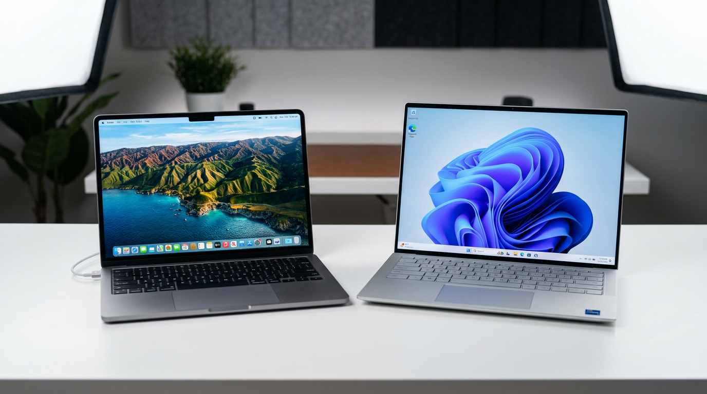 MacBook Air M4 and Dell XPS 14 ultrabooks open side by side on a slate desk in dramatic studio lighting