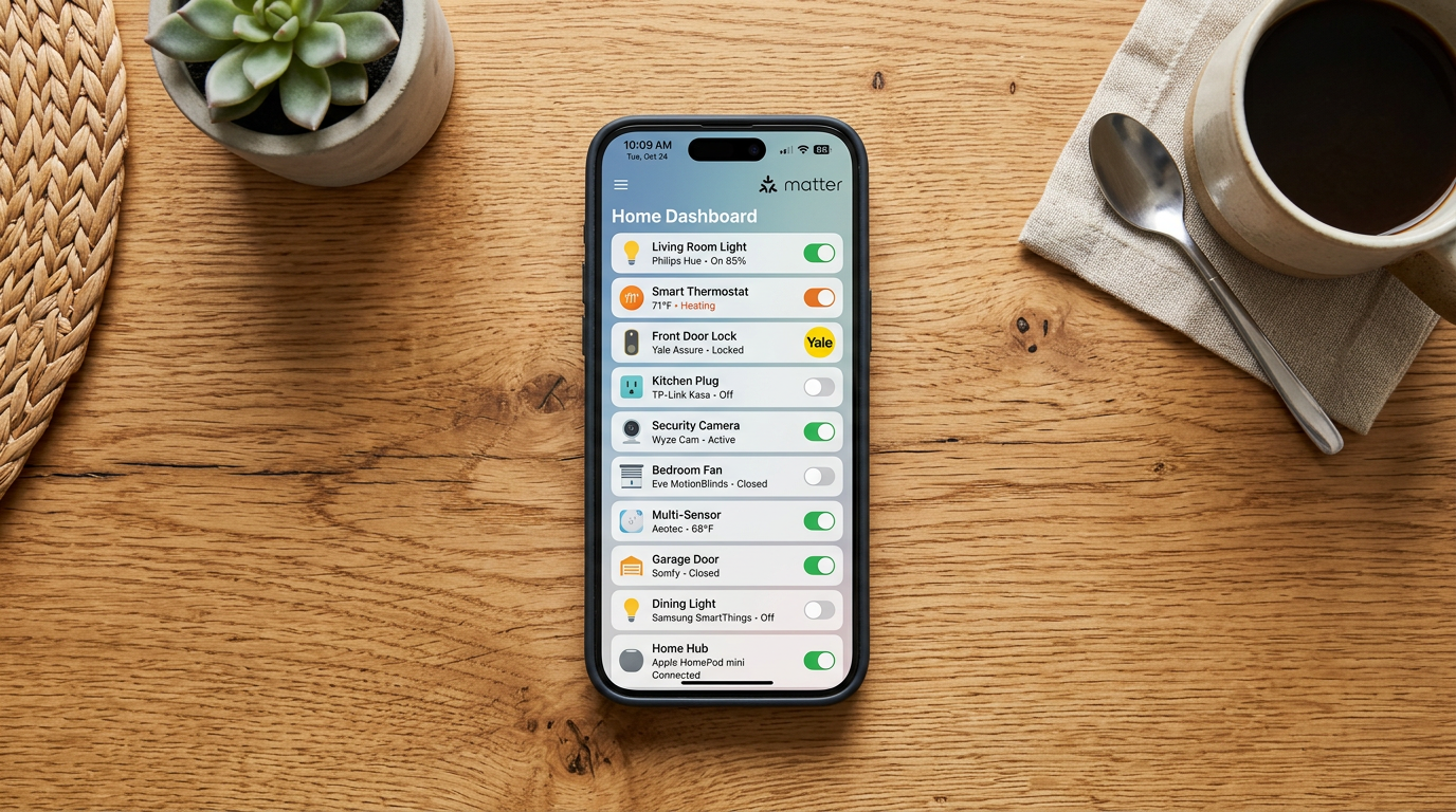 Smartphone on a wood desk showing a Matter smart home dashboard with multiple connected devices from different brands