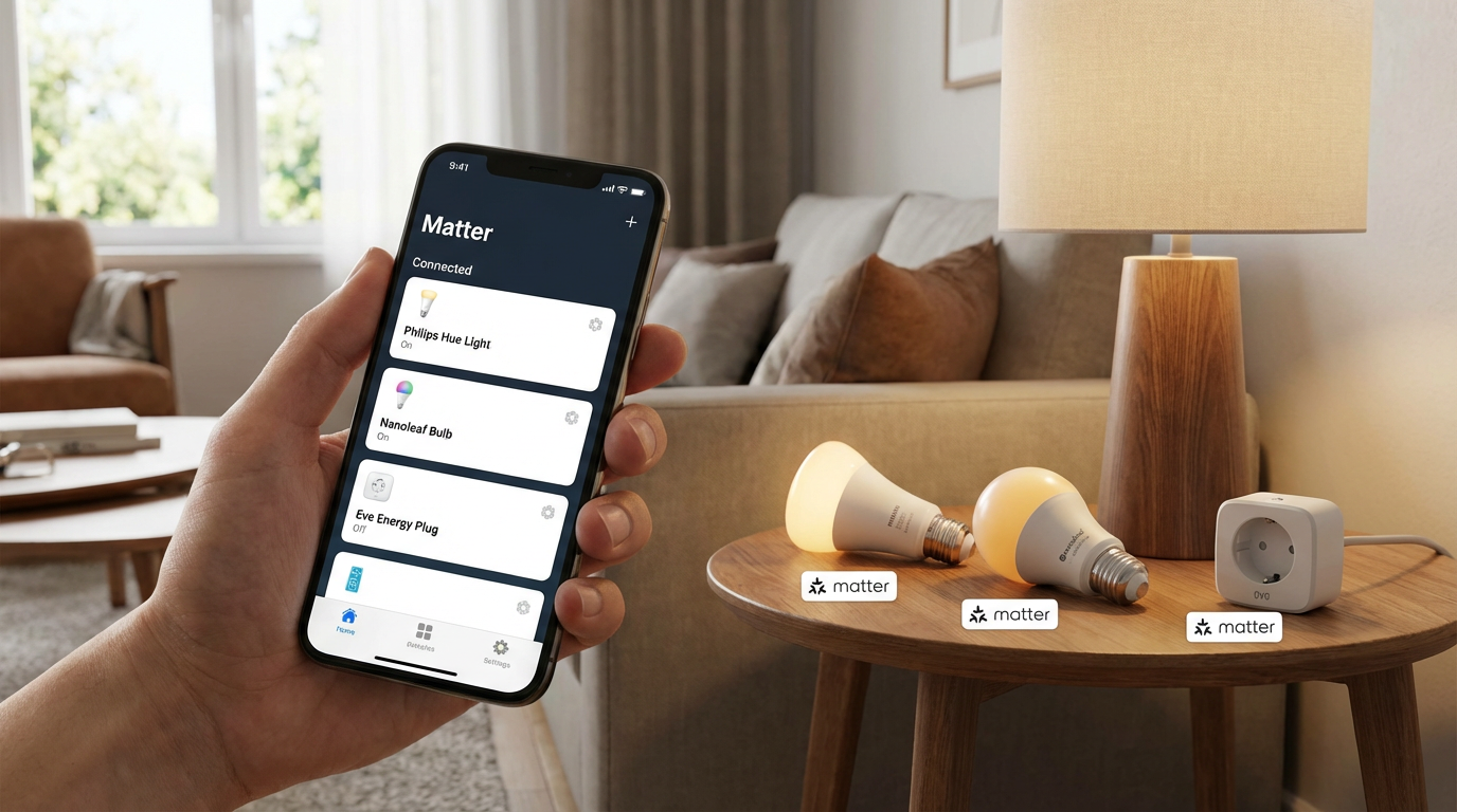 Matter logo glowing in the centre with smart home devices from Apple, Google, Amazon and Samsung connecting around it