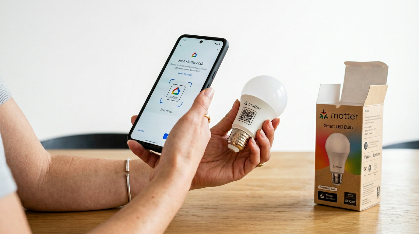 Hand holding a smartphone scanning a Matter QR code on a smart bulb box in a UK living room