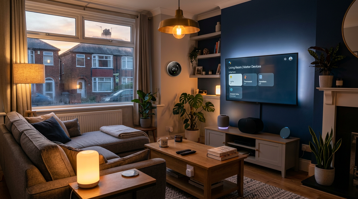 UK living room in the evening with Matter-connected smart bulbs, thermostat and speaker visible