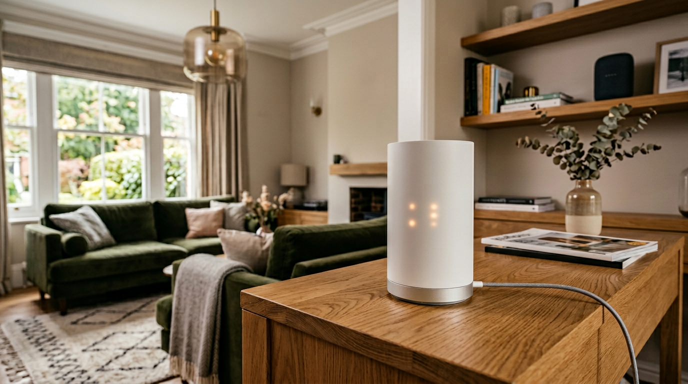 Matter and Thread smart home hub set up on a console table in a UK living room