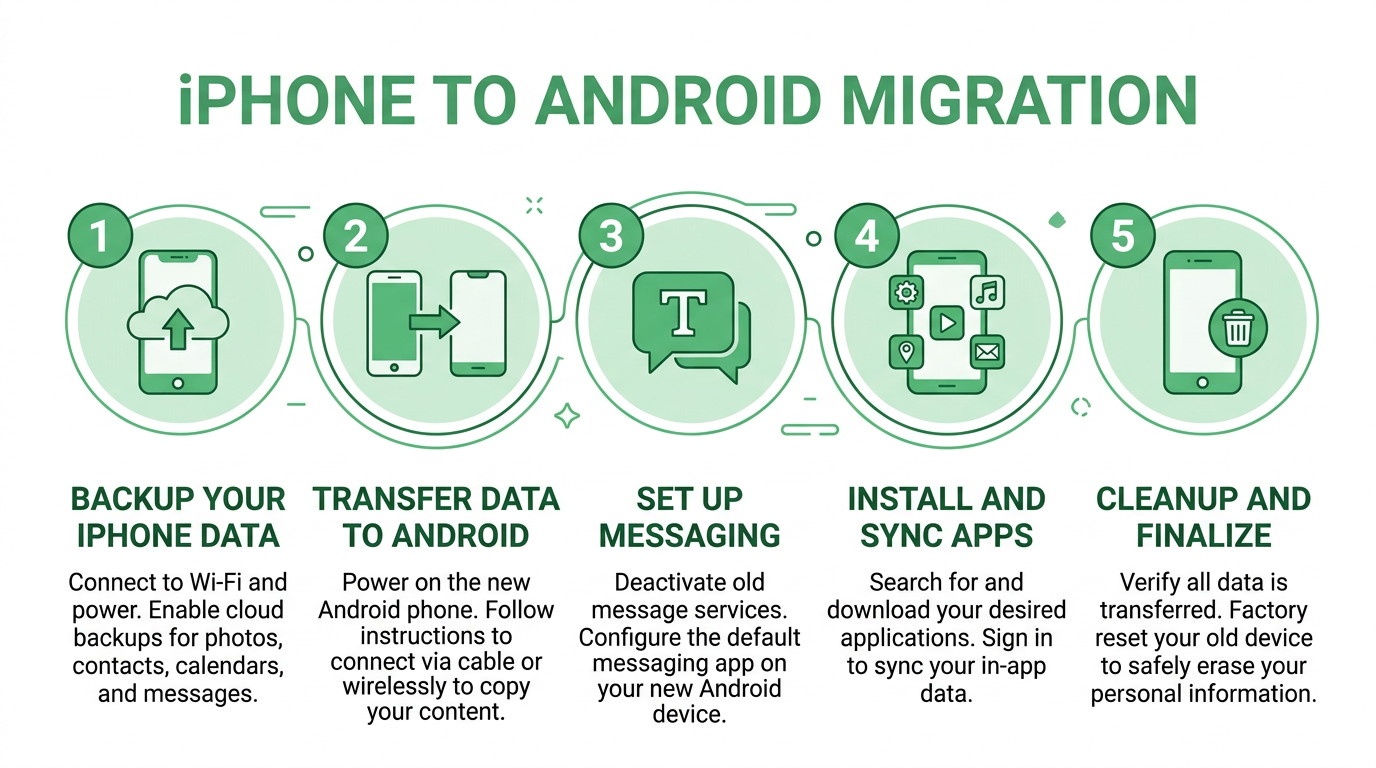 Five-step infographic for iPhone to Android migration covering backup, transfer, messages, apps and cleanup