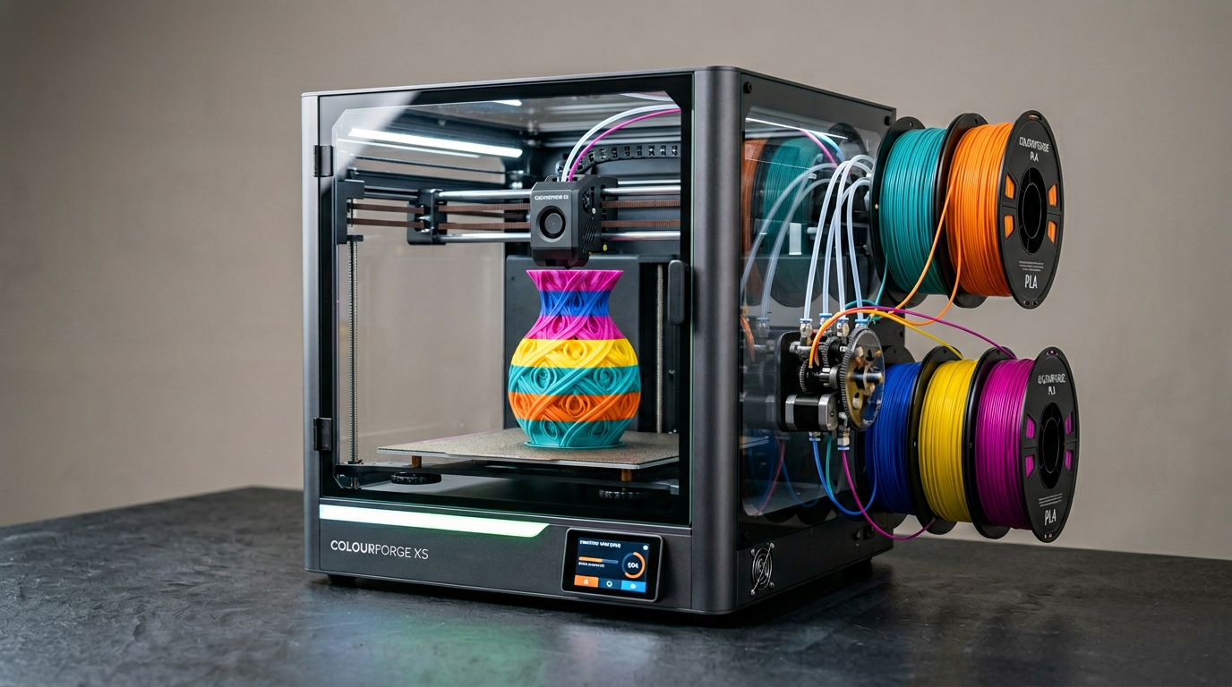 Editorial illustration of a multicolour 3D printer with filament palette