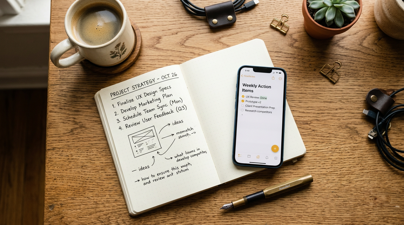 second brain notes app desk flat lay