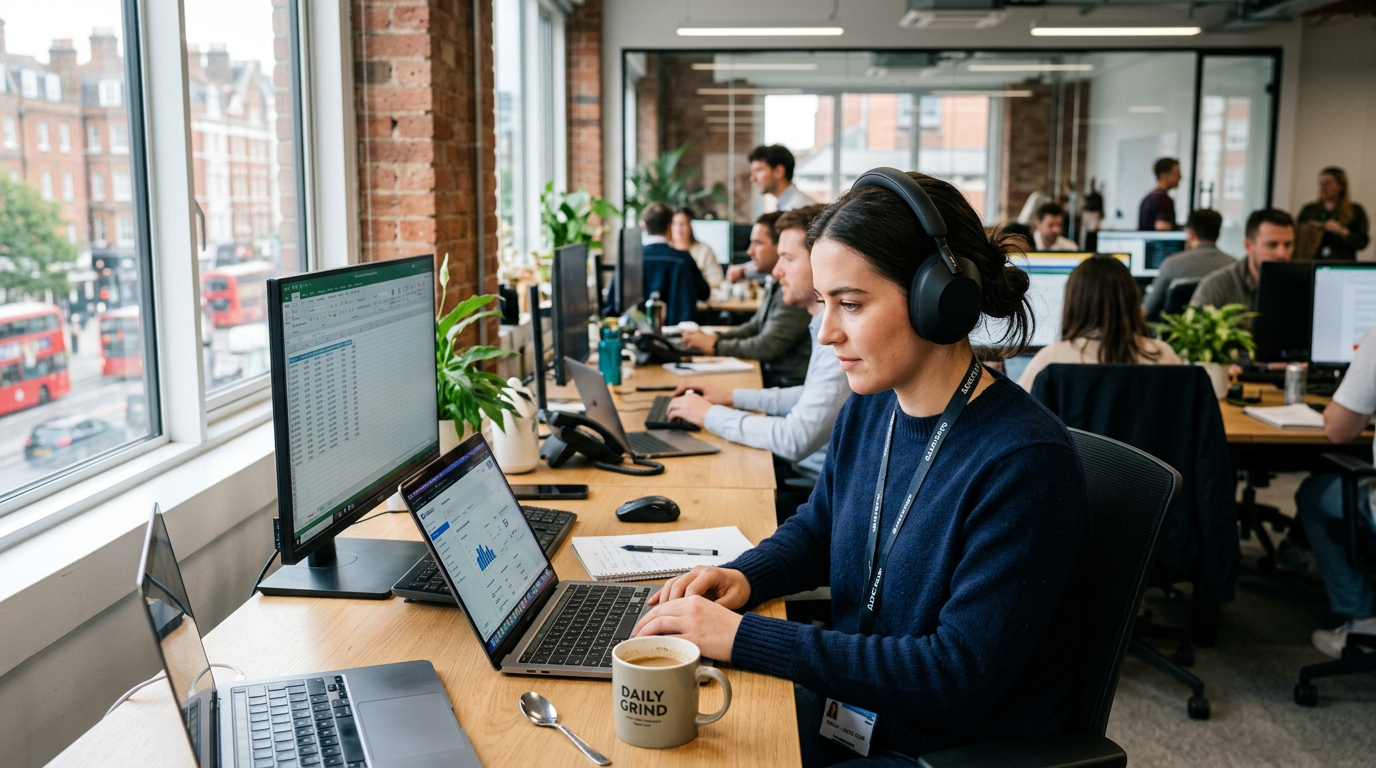 Office worker in a busy open-plan UK office wearing premium noise cancelling over-ear headphones at a desk with laptop and coffee