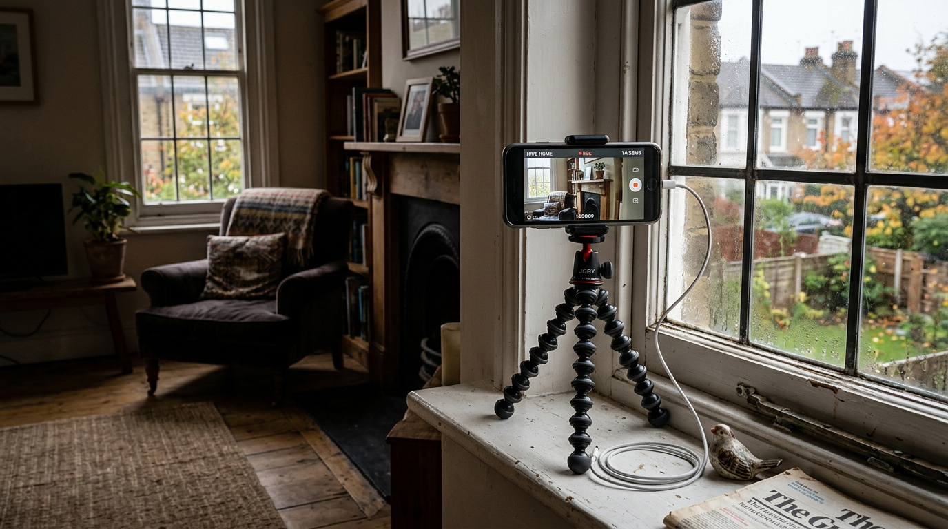 Old smartphone mounted on a small tripod near a window acting as a home security camera in a UK living room