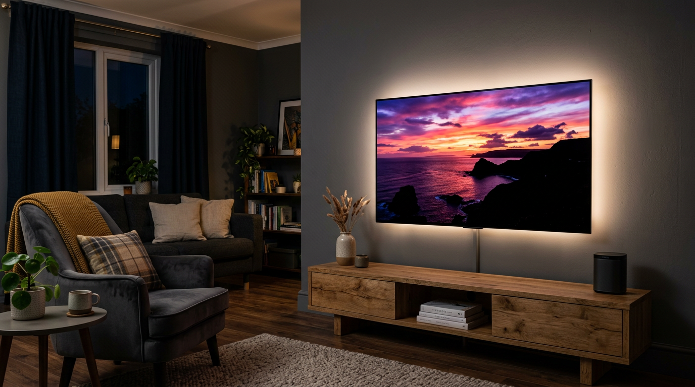65-inch wall-mounted OLED TV showing a vivid sunset scene in a dark UK living room