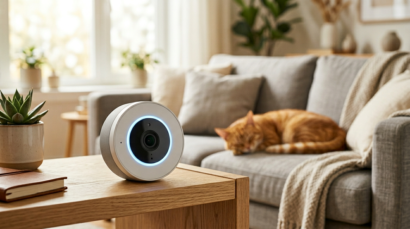 OlloNi cyber-pet: editorial render of a small companion robot with an expressive screen face