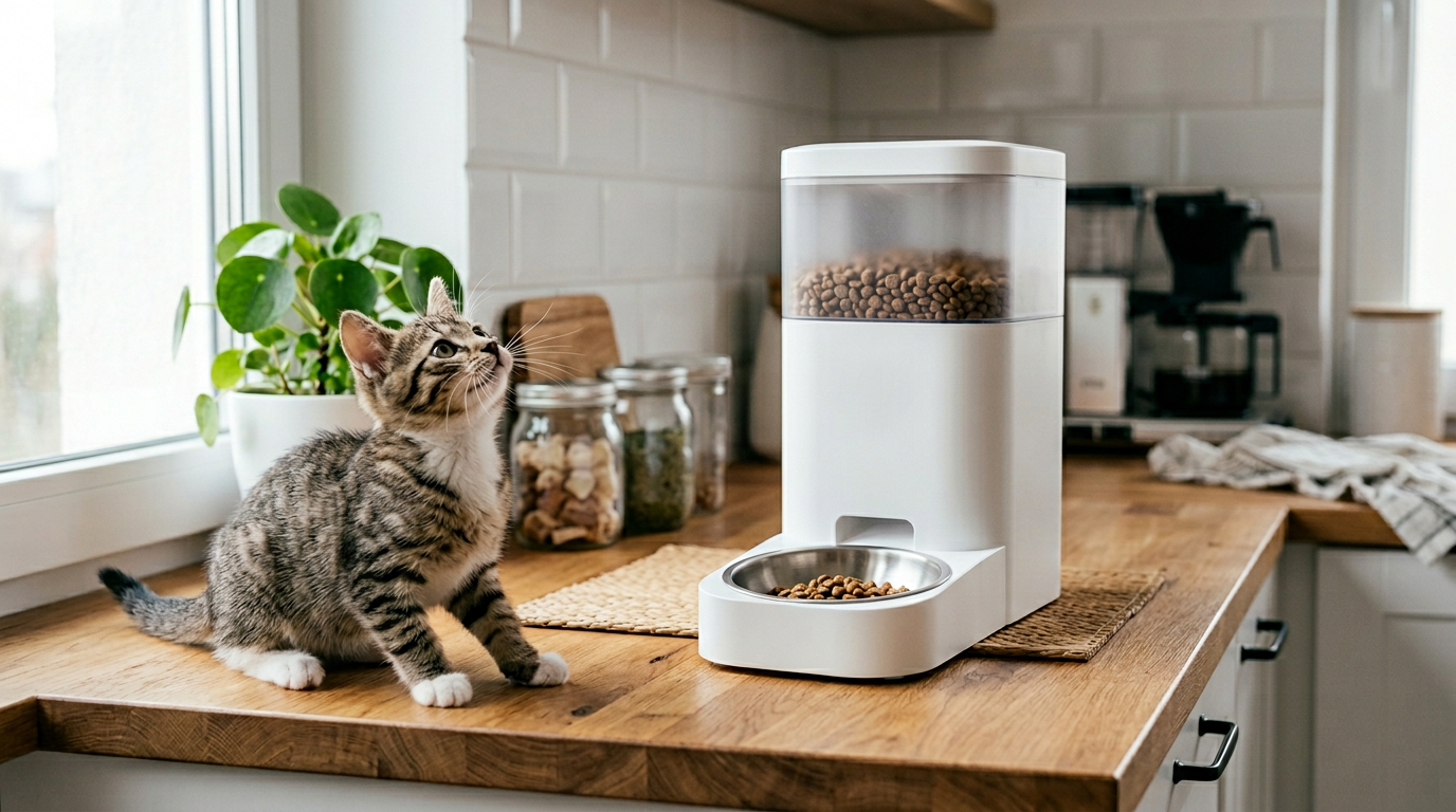 Editorial photo of a small companion robot beside a pet