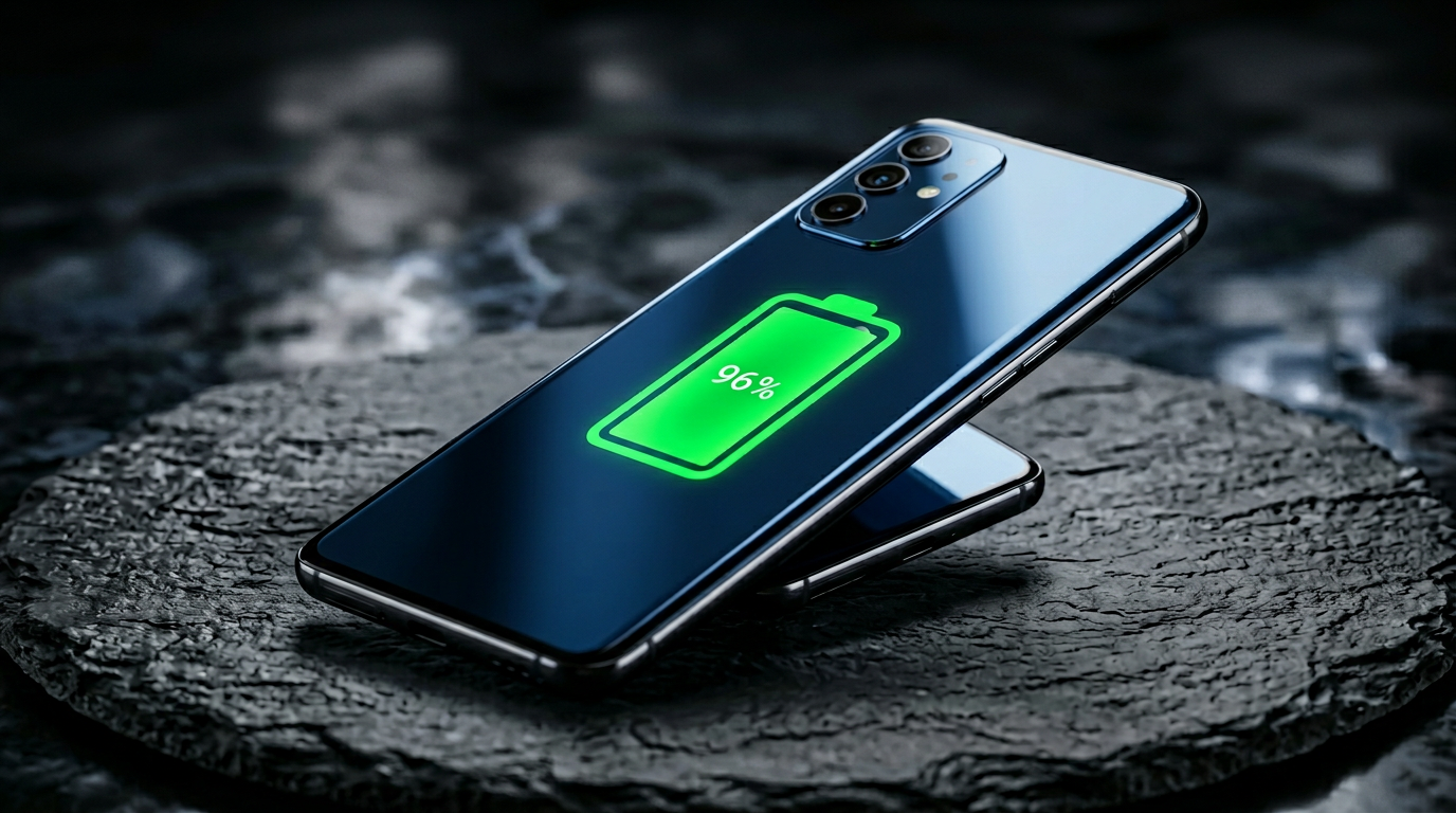 OnePlus Nord 6 in deep blue glass on a slate surface with an oversized battery icon glowing on the display