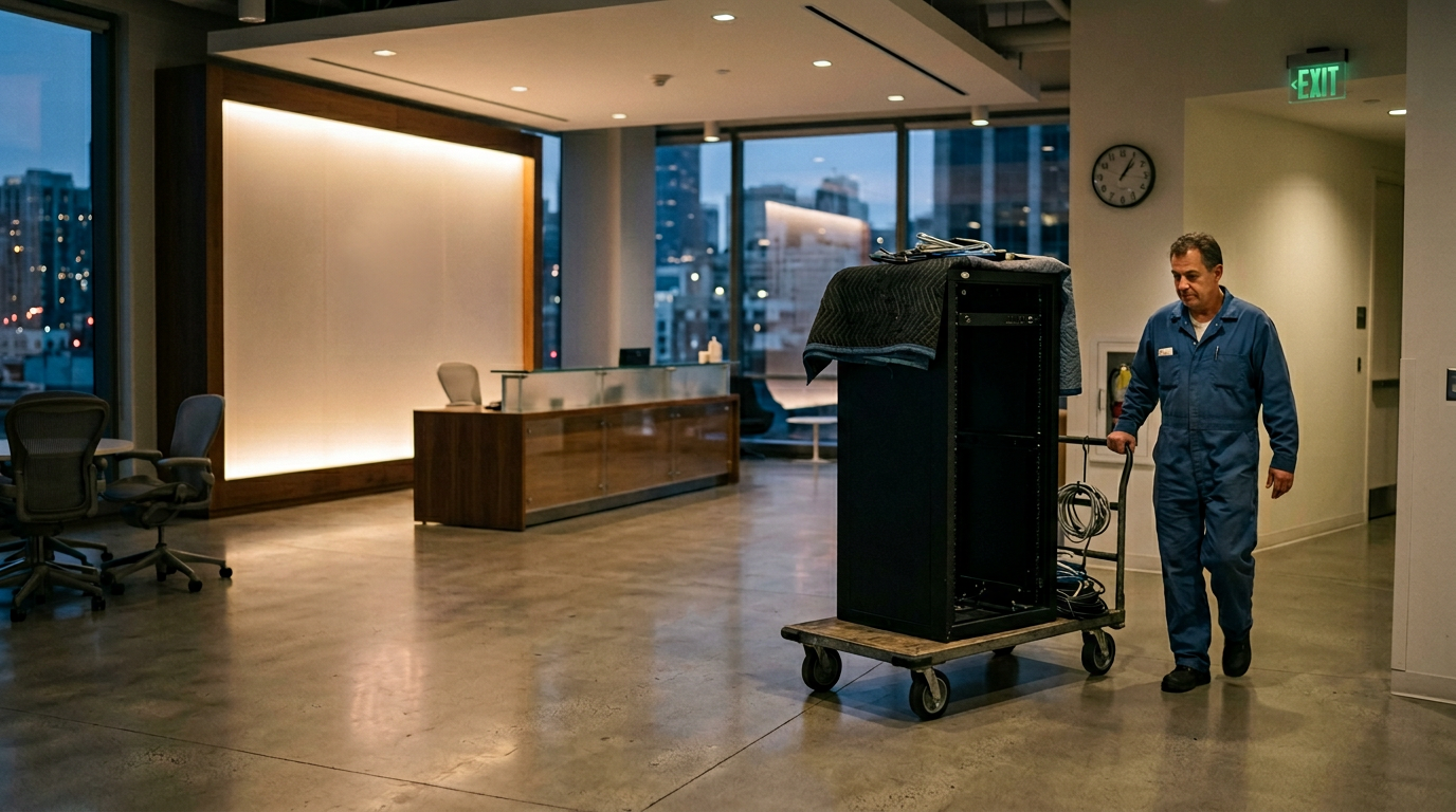 OpenAI-style office at dusk with a server rack being wheeled out, symbolising the Sora product being shut down