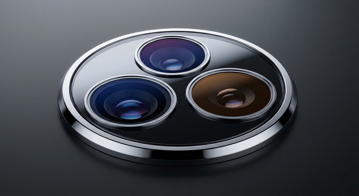 Macro close-up of a premium smartphone circular camera lens cluster with three lenses inside a chrome ring