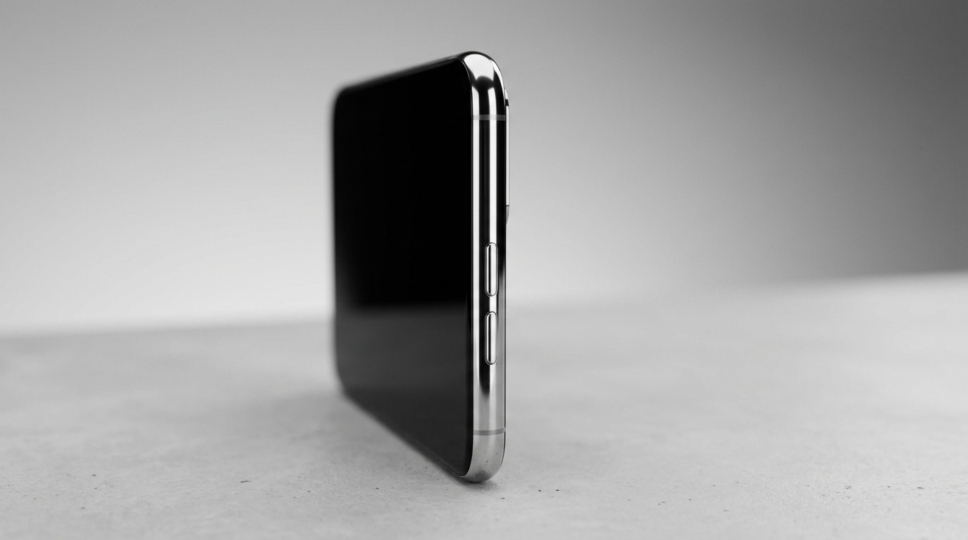 Premium flagship smartphone side profile resting on a clean grey surface, showing the chassis thinness