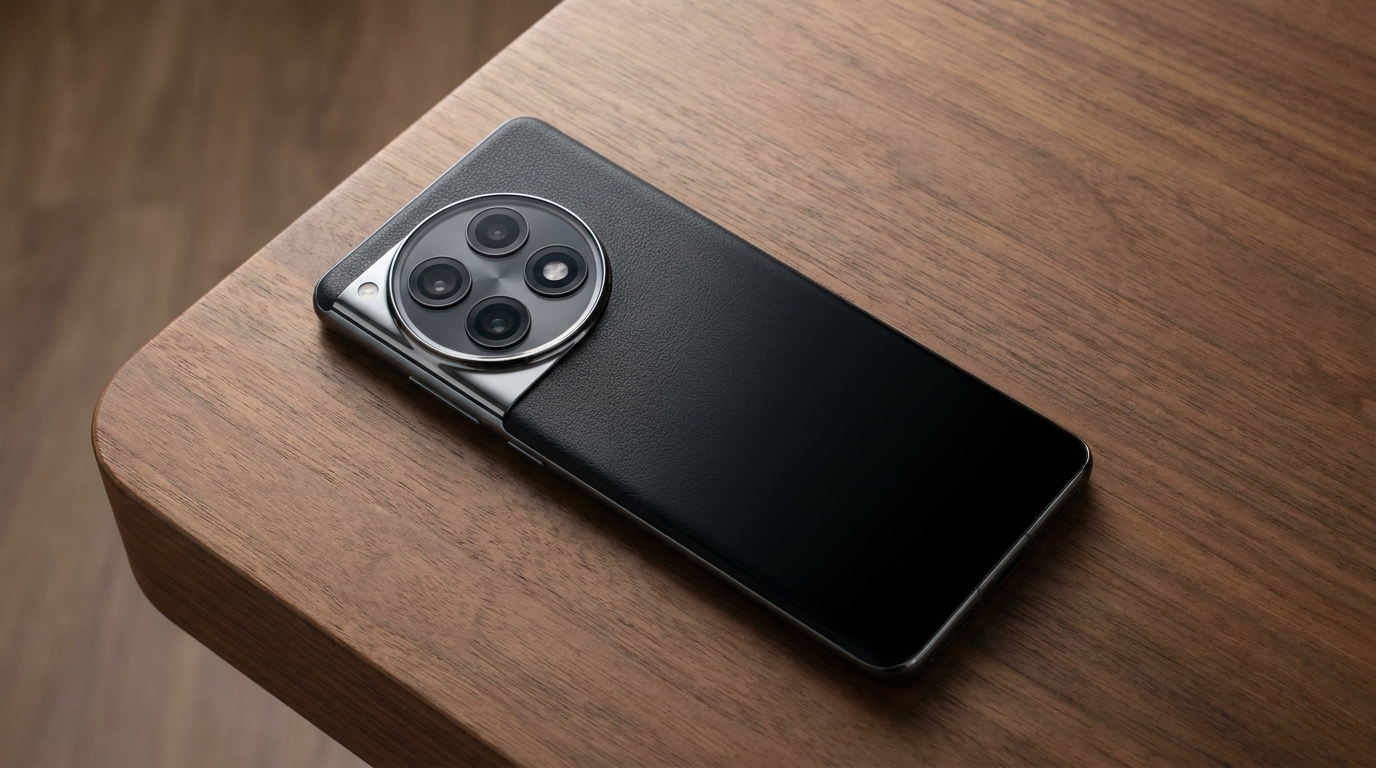 Premium black smartphone with leather-textured back panel and circular silver camera island, top-down view on a wooden desk