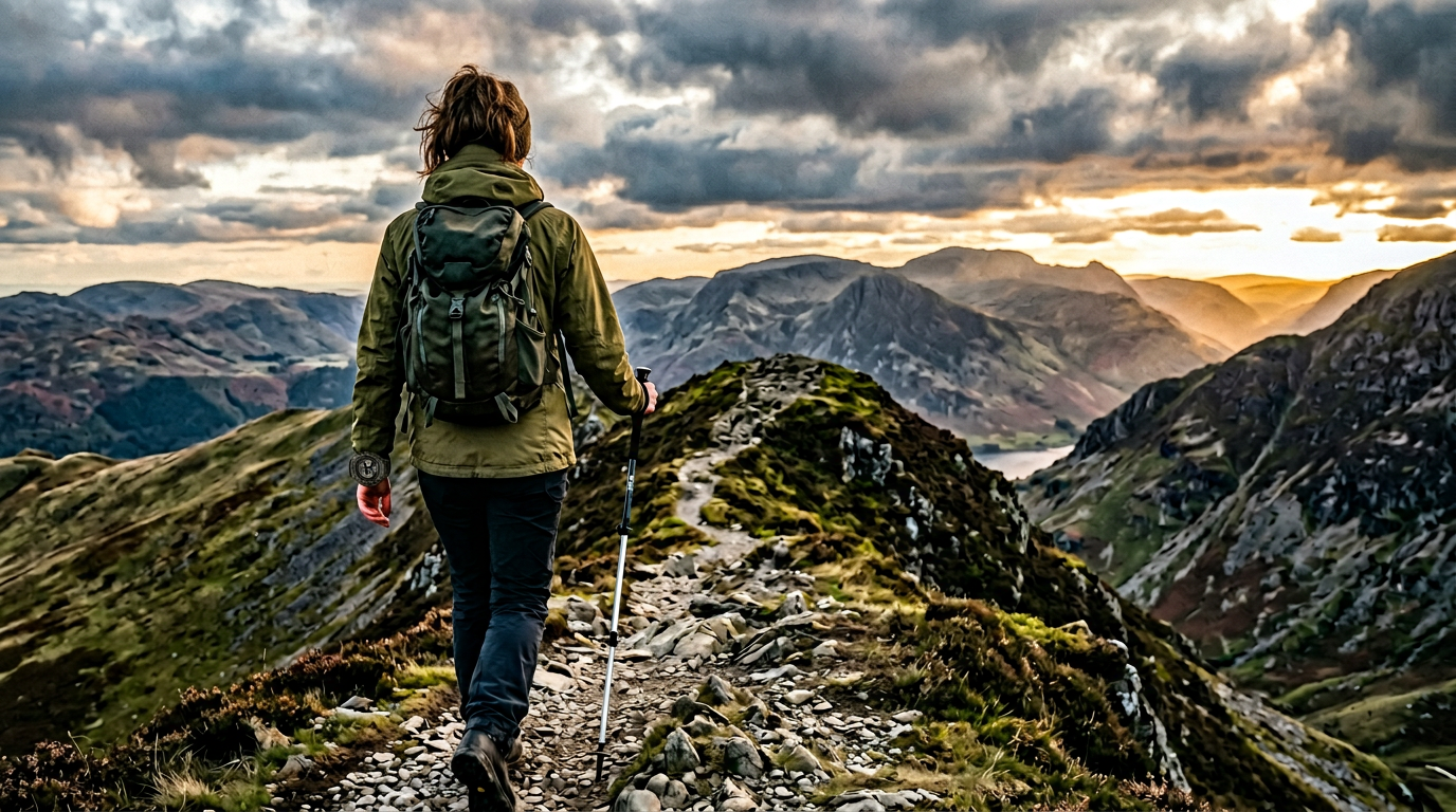 Hiker checking outdoor smartwatch on a UK trail