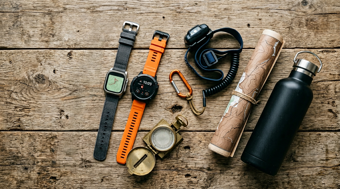 Outdoor adventure kit flat-lay with smartwatches