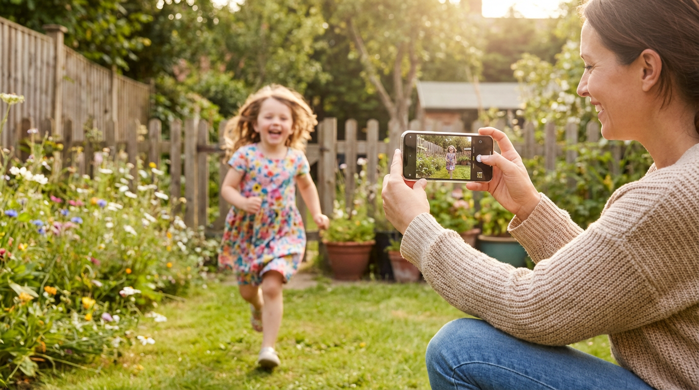 Mother in a garden using a smartphone to photograph her young daughter laughing and running