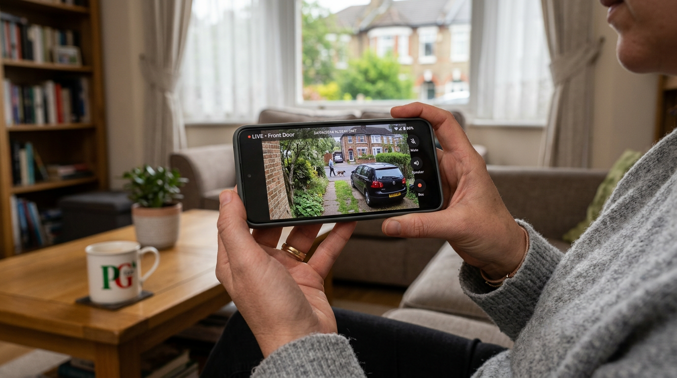Smartphone showing a live security camera feed from another phone with hands holding the device in a UK home