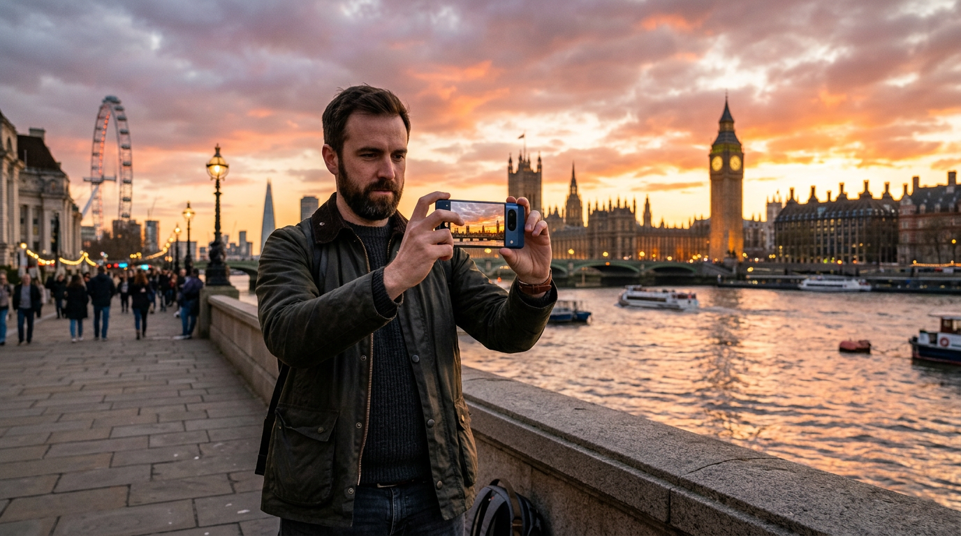 Photographer taking a sunset photo with a premium smartphone on the South Bank in central London with the Thames and Big Ben visible
