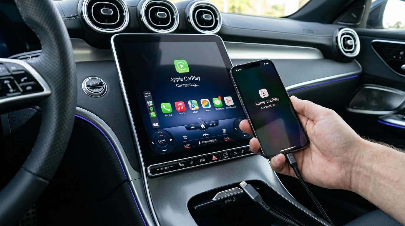 Smartphone on a wireless charging pad connecting to Apple CarPlay in a modern UK car interior at sunset