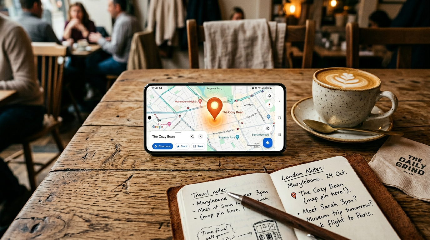 Smartphone showing a Google Maps location pin at a cafe in central London held in a person's hand
