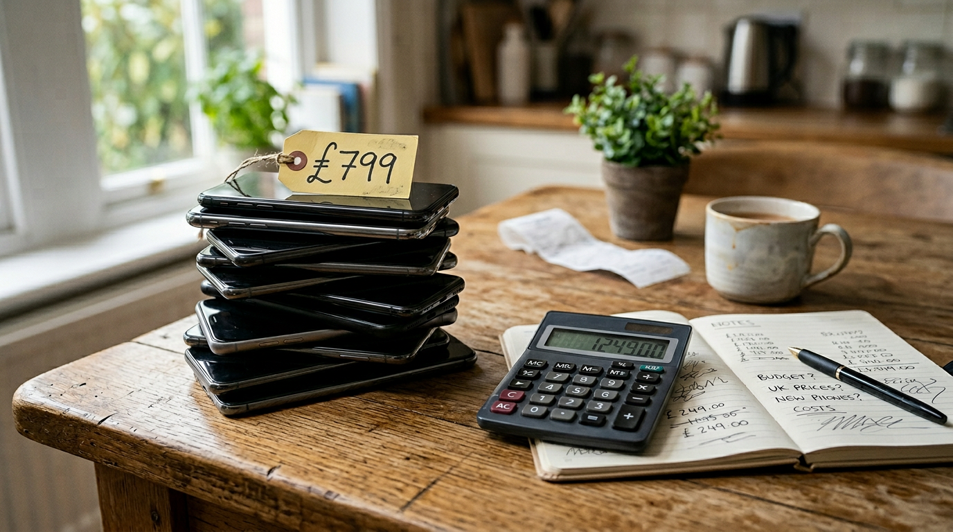 Stack of smartphones with a UK pound price tag and household calculator working out the new cost